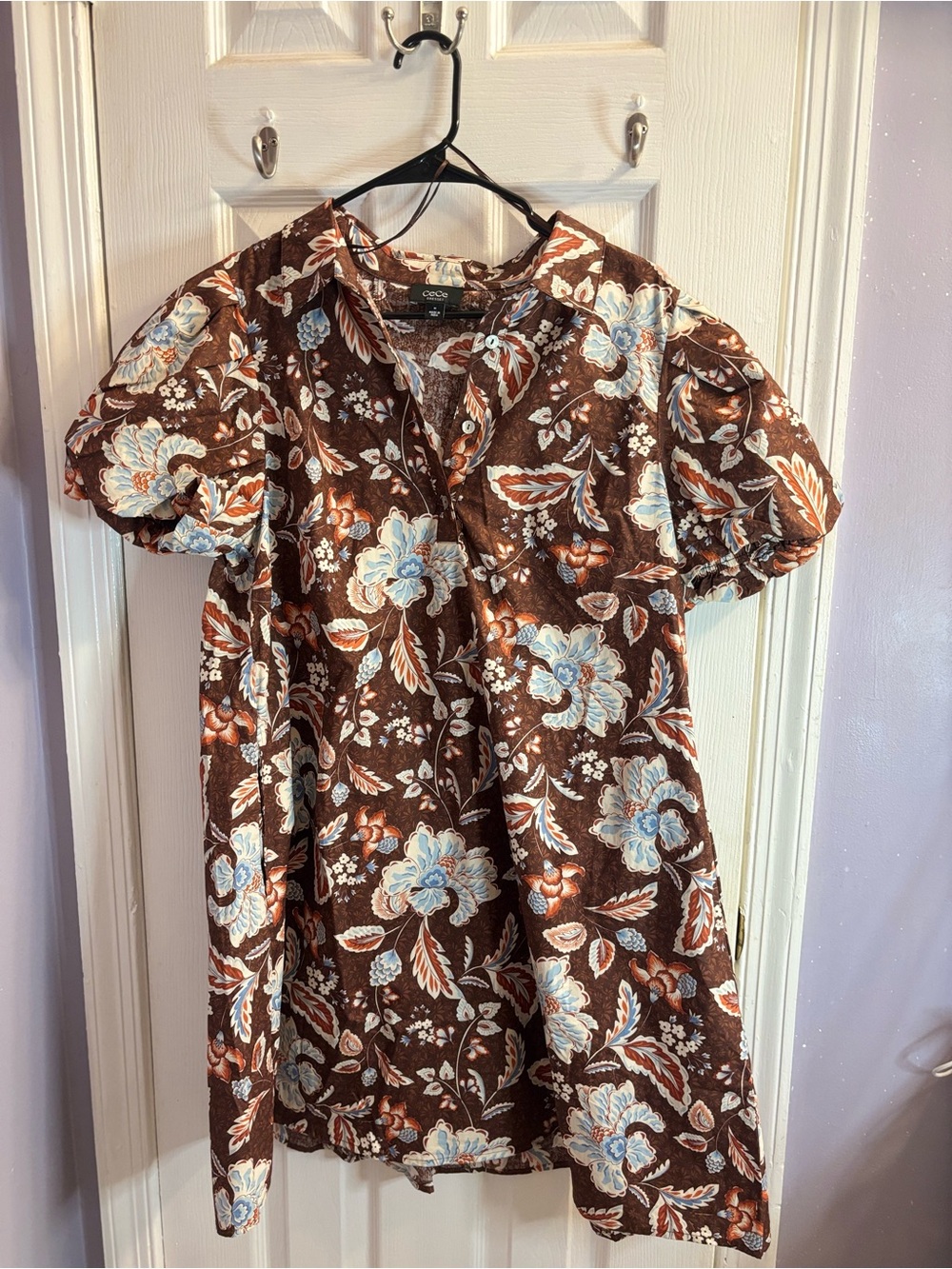 CeCe Brown Floral Short-Sleeve Tunic with Blue and Cream Accents